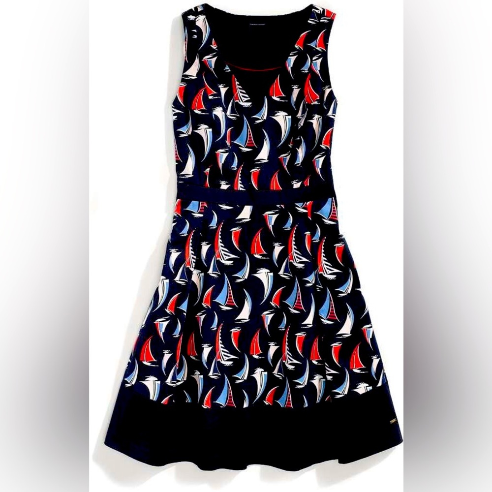 Tommy Hilfiger Womens Navy Blue Multicolored Sailboat Fit & Flare Dress